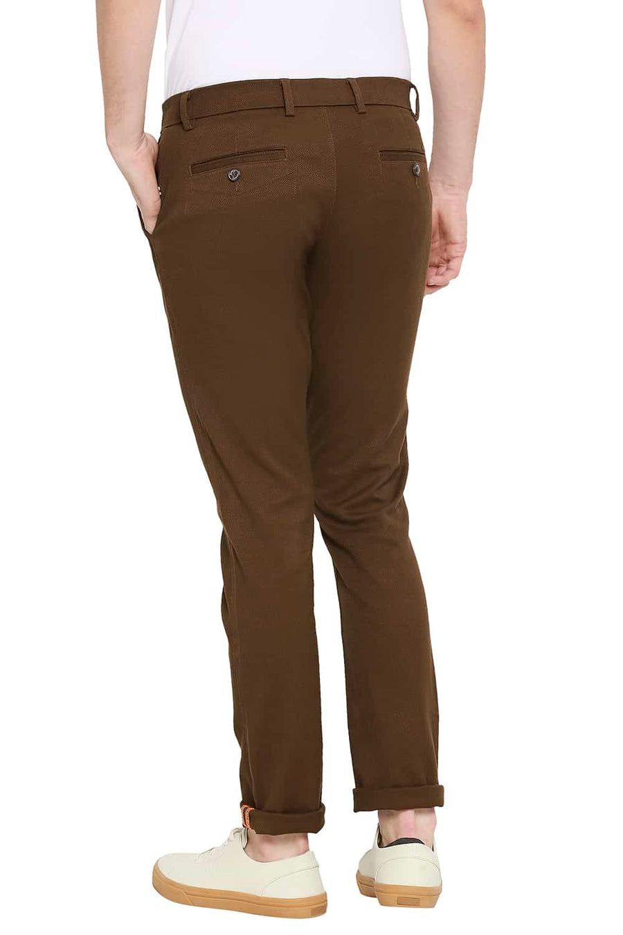 BASICS TAPERED FIT COCOA BROWN STRETCH TROUSERS