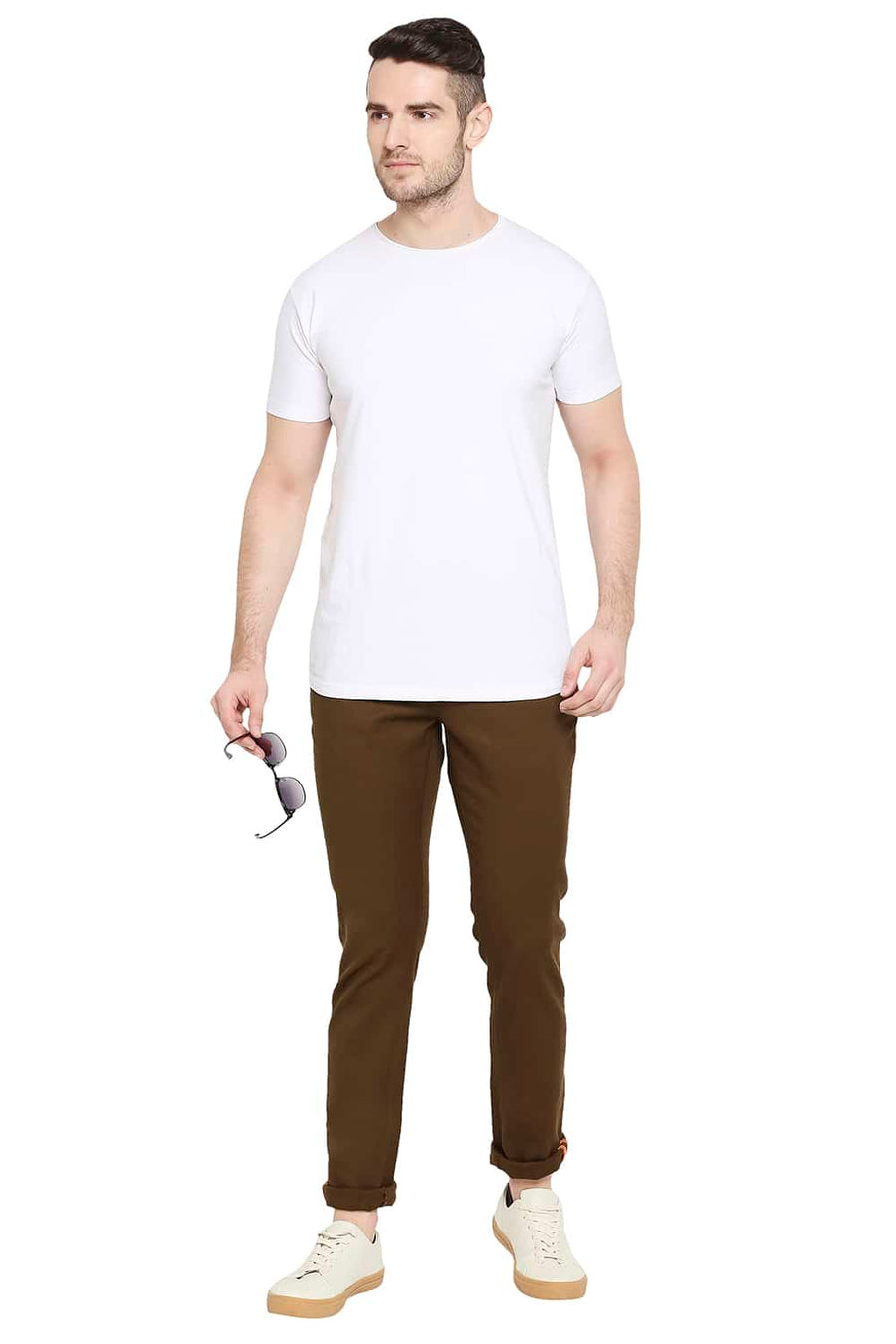 BASICS TAPERED FIT COCOA BROWN STRETCH TROUSERS