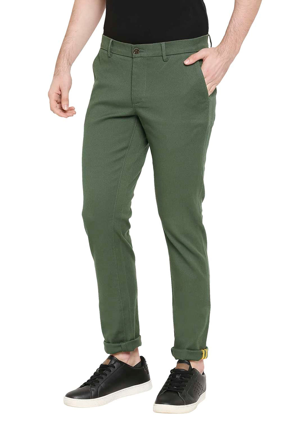 BASICS TAPERED FIT DUCK GREEN STRETCH TROUSERS