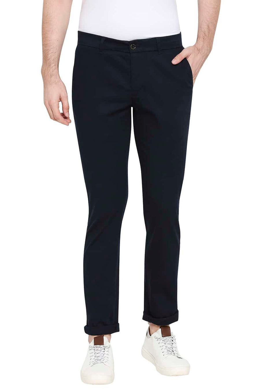 BASICS TAPERED FIT VULCAN NAVY STRETCH TROUSERS