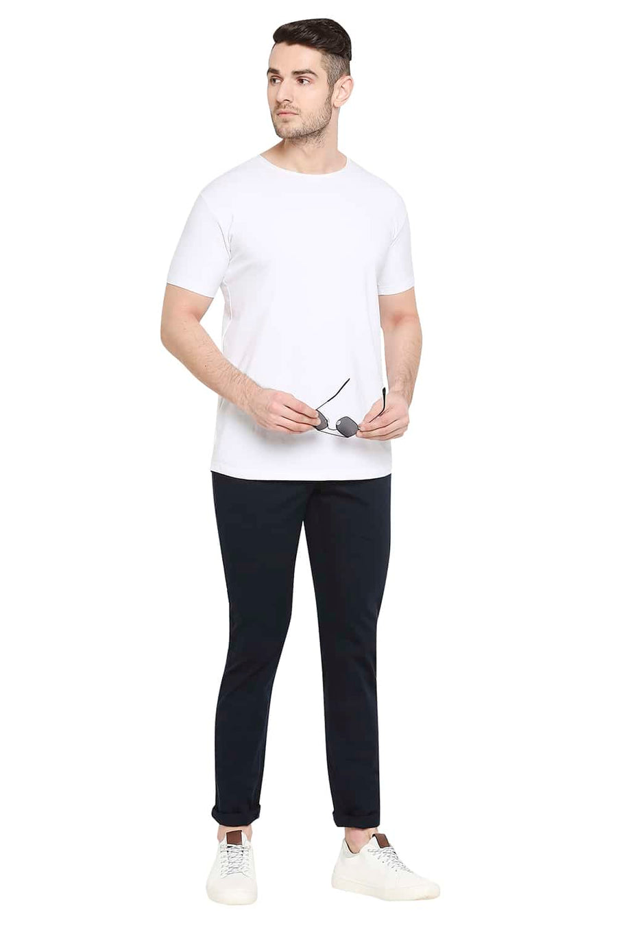 BASICS TAPERED FIT VULCAN NAVY STRETCH TROUSERS