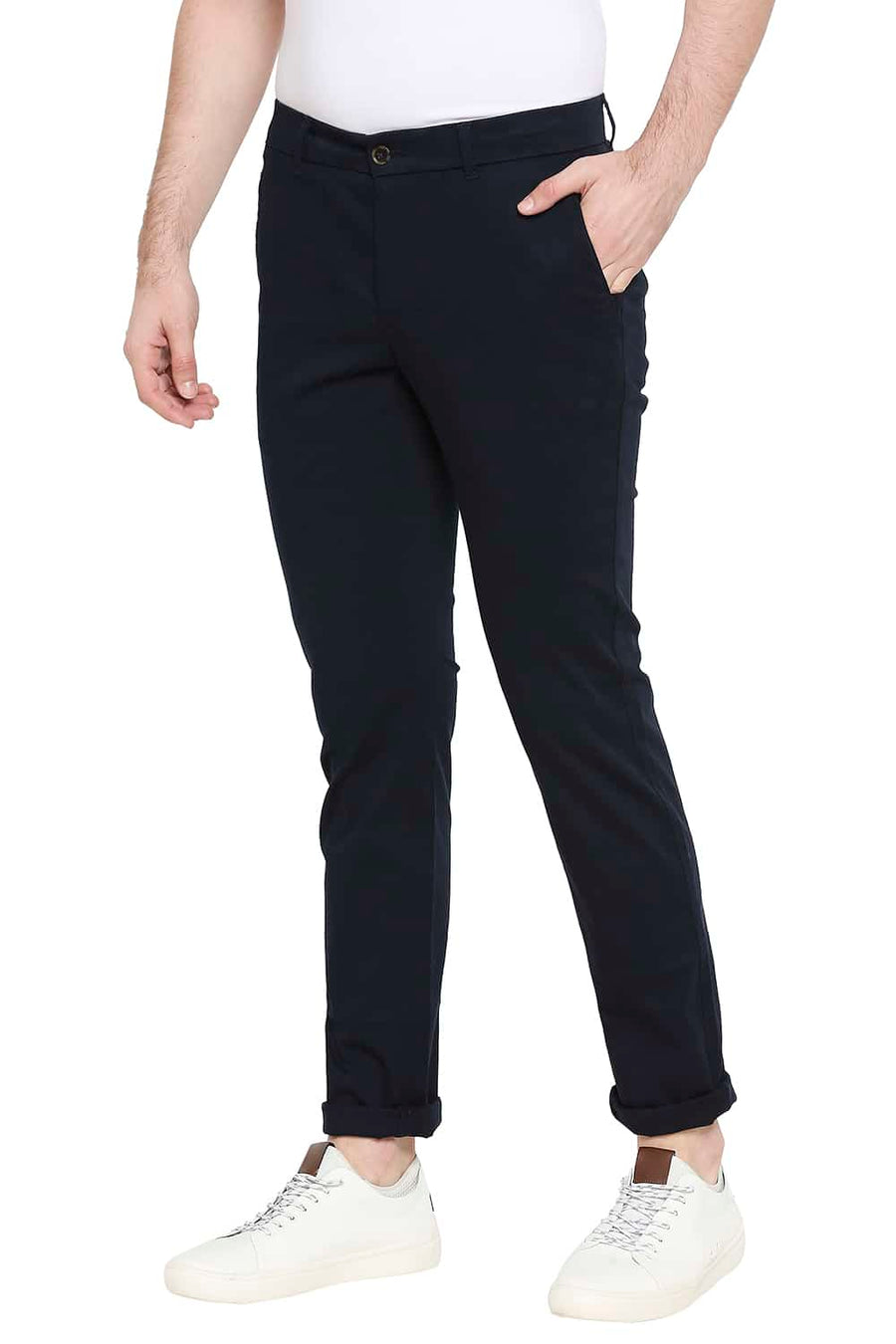 BASICS TAPERED FIT VULCAN NAVY STRETCH TROUSERS