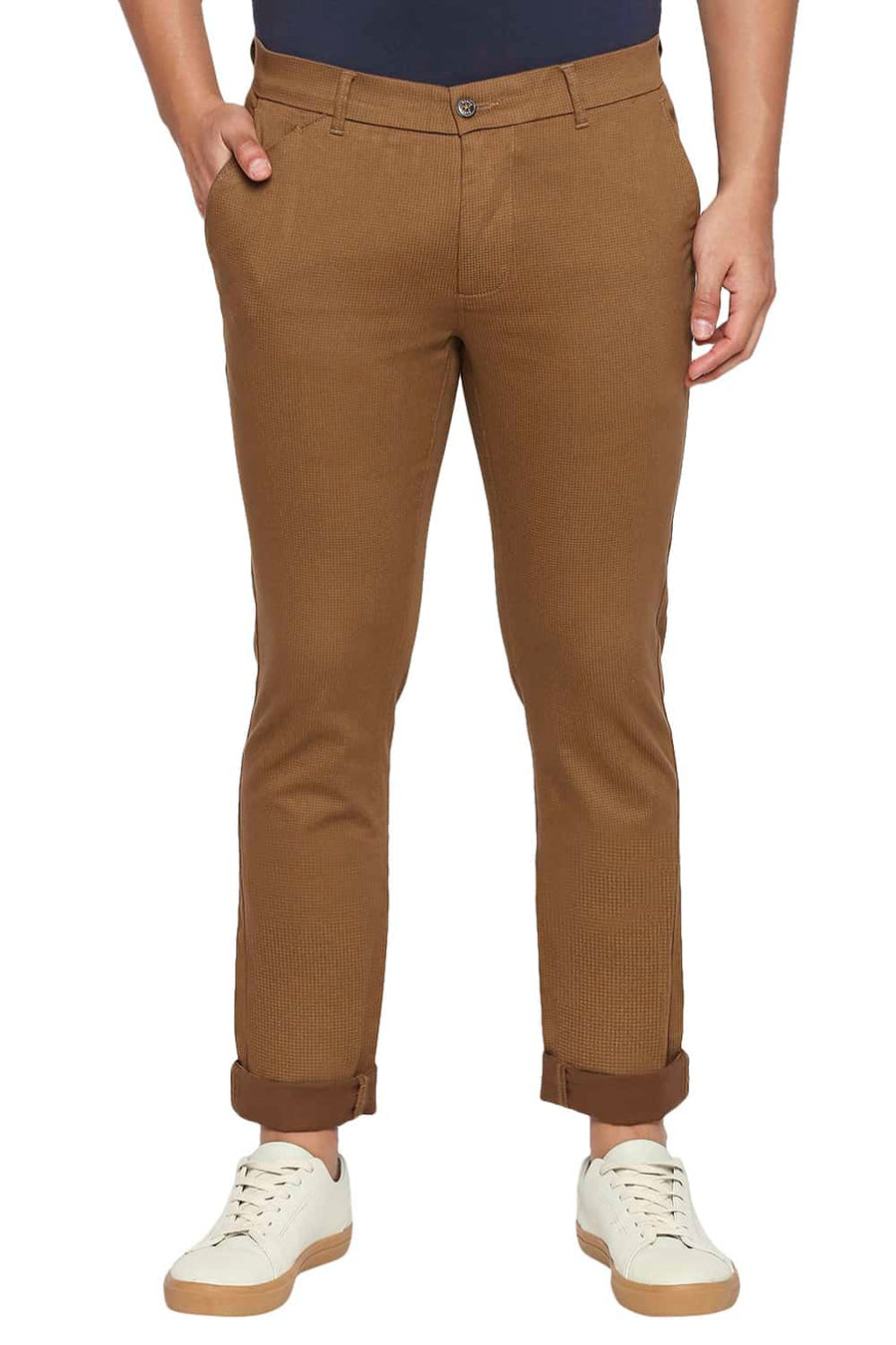 BASICS TAPERED FIT BRONZE BROWN PRINTED STRETCH TROUSER