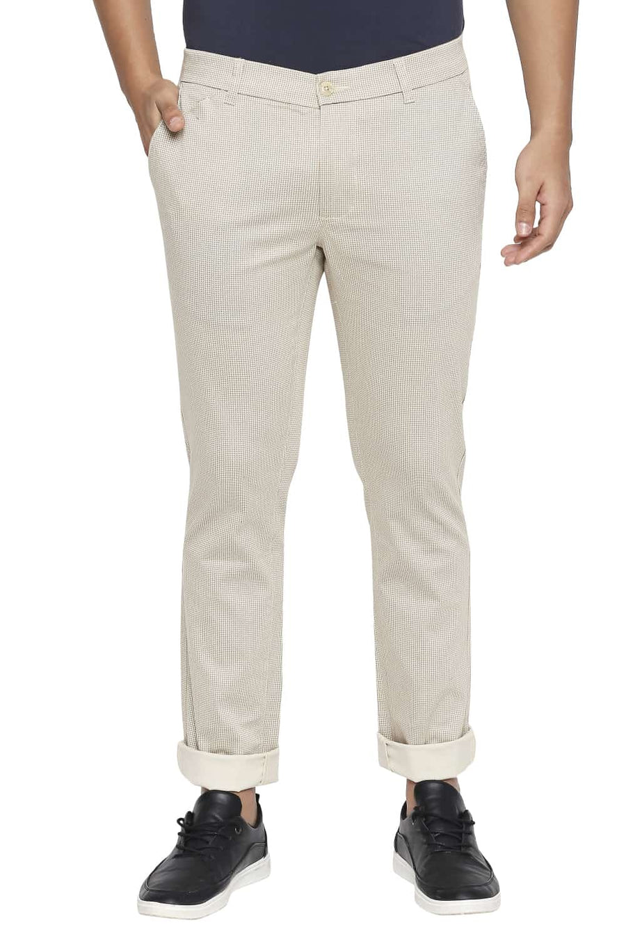 BASICS TAPERED FIT DOE BEIGE PRINTED STRETCH TROUSER