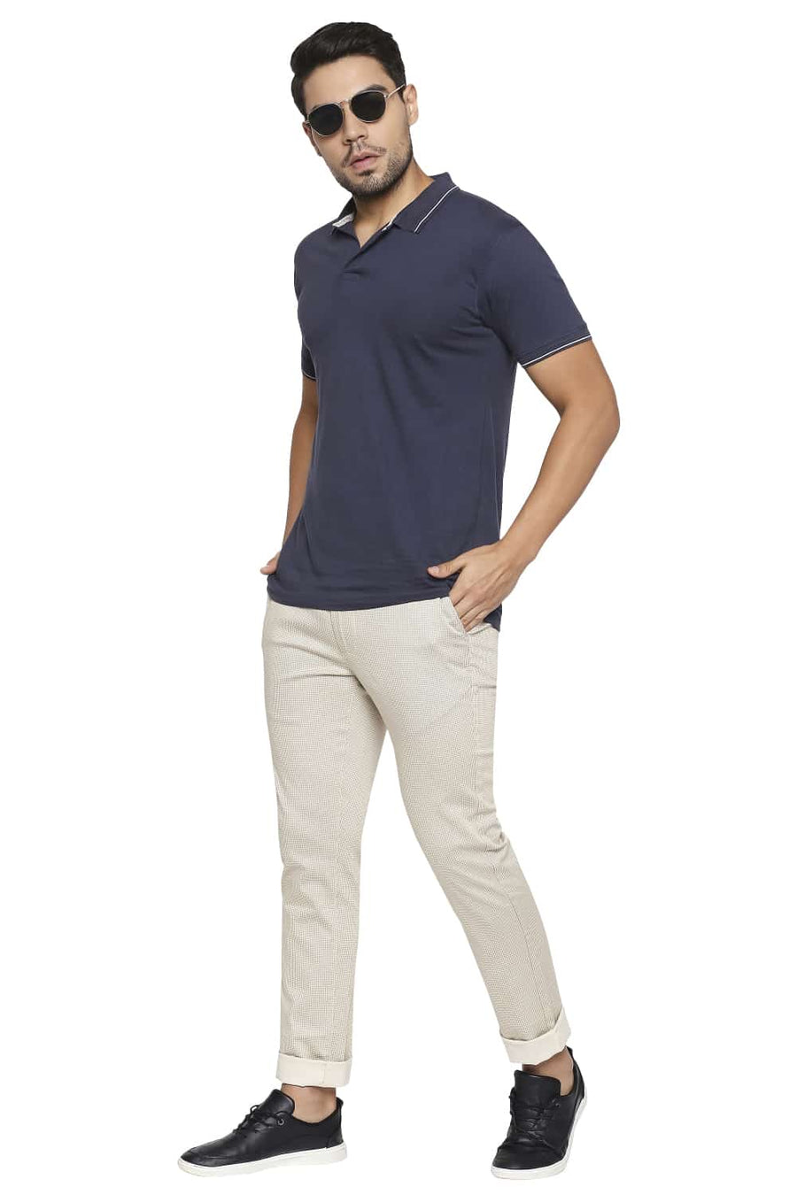 BASICS TAPERED FIT DOE BEIGE PRINTED STRETCH TROUSER