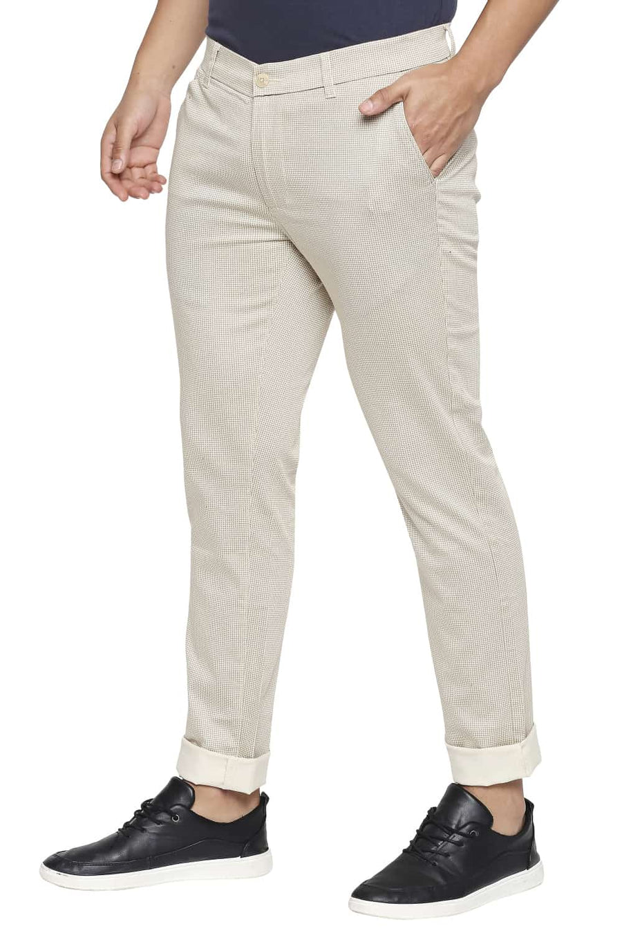 BASICS TAPERED FIT DOE BEIGE PRINTED STRETCH TROUSER