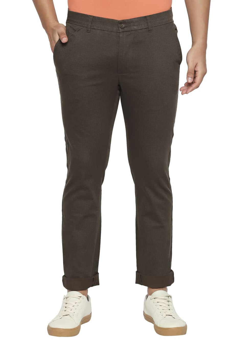 BASICS TAPERED FIT NIGHT OLIVE PRINTED STRETCH TROUSER