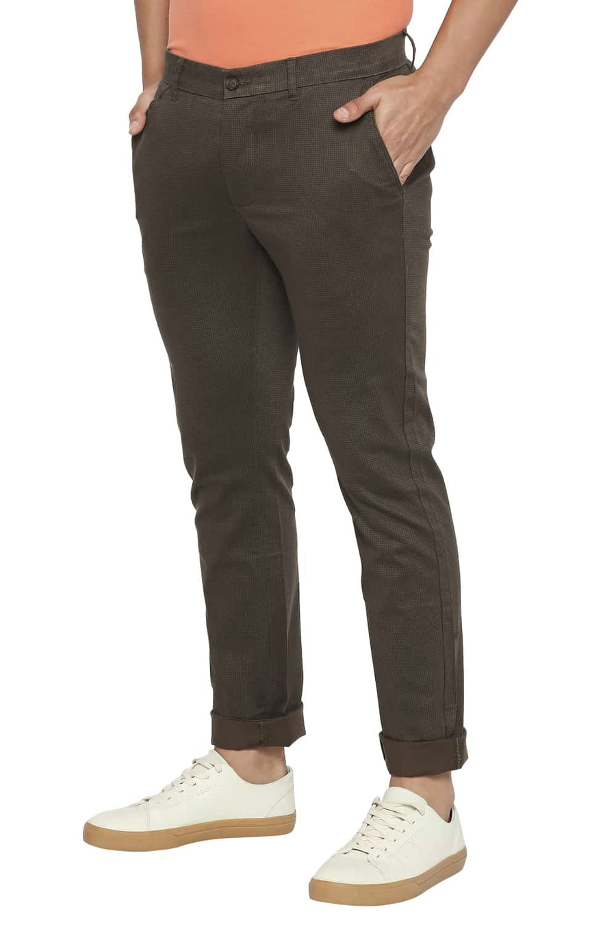 BASICS TAPERED FIT NIGHT OLIVE PRINTED STRETCH TROUSER