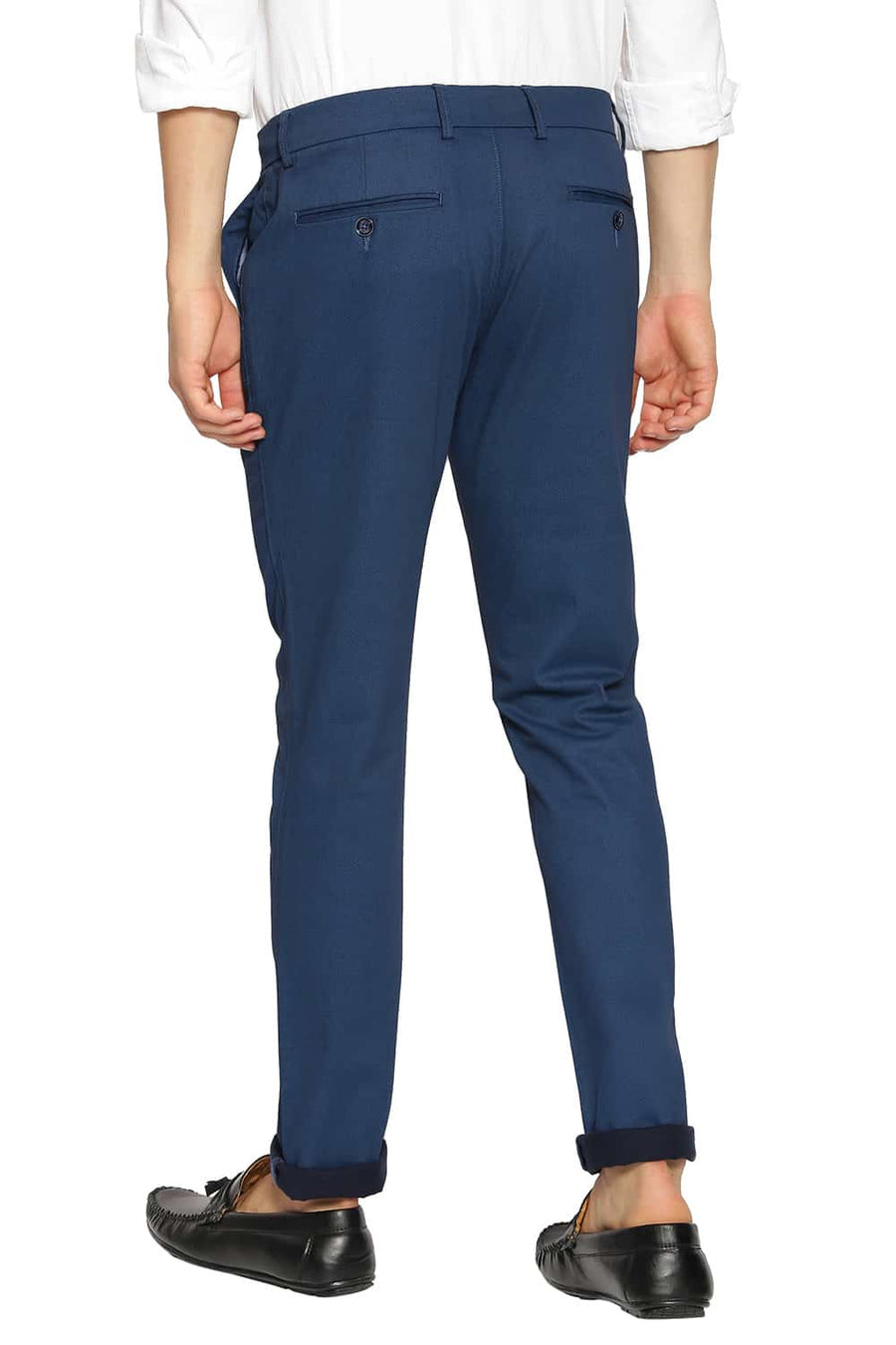 BASICS TAPERED FIT MIDNIGHT NAVY SATIN STRETCH TROUSERS