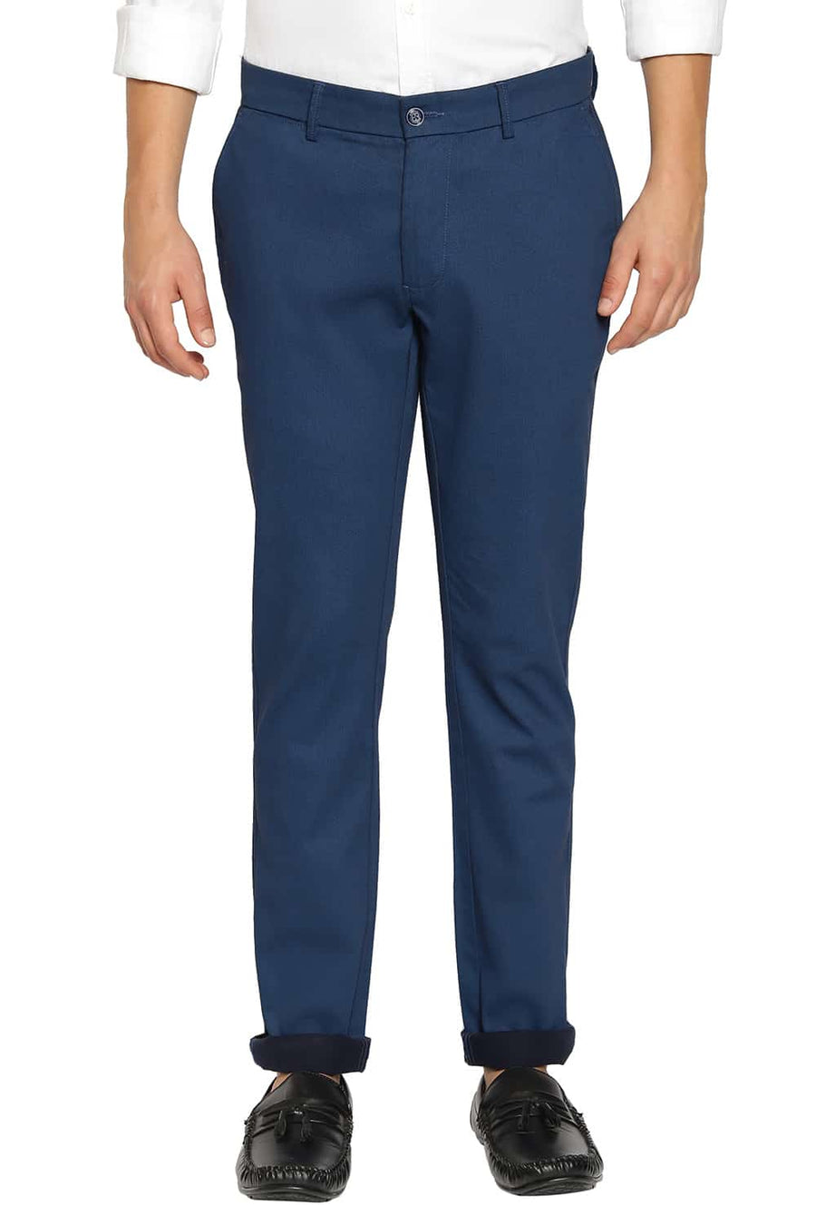 BASICS TAPERED FIT MIDNIGHT NAVY SATIN STRETCH TROUSERS