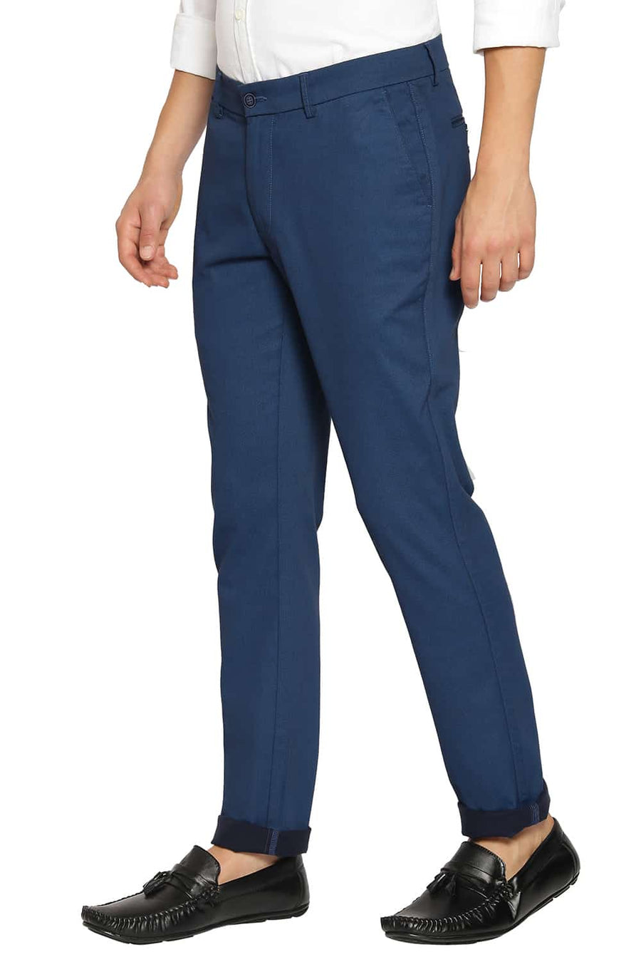 BASICS TAPERED FIT MIDNIGHT NAVY SATIN STRETCH TROUSERS