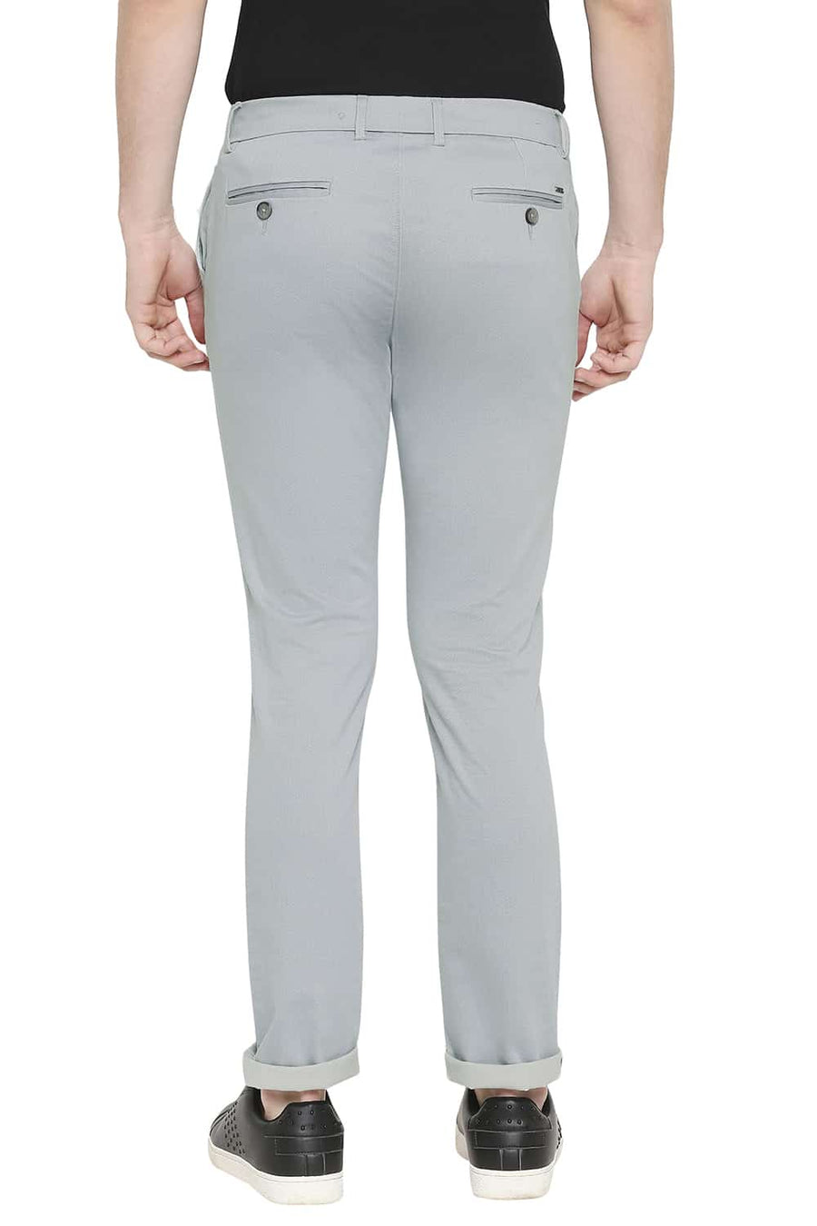 BASICS TAPERED FIT LEAD GREY SATIN STRETCH TROUSERS