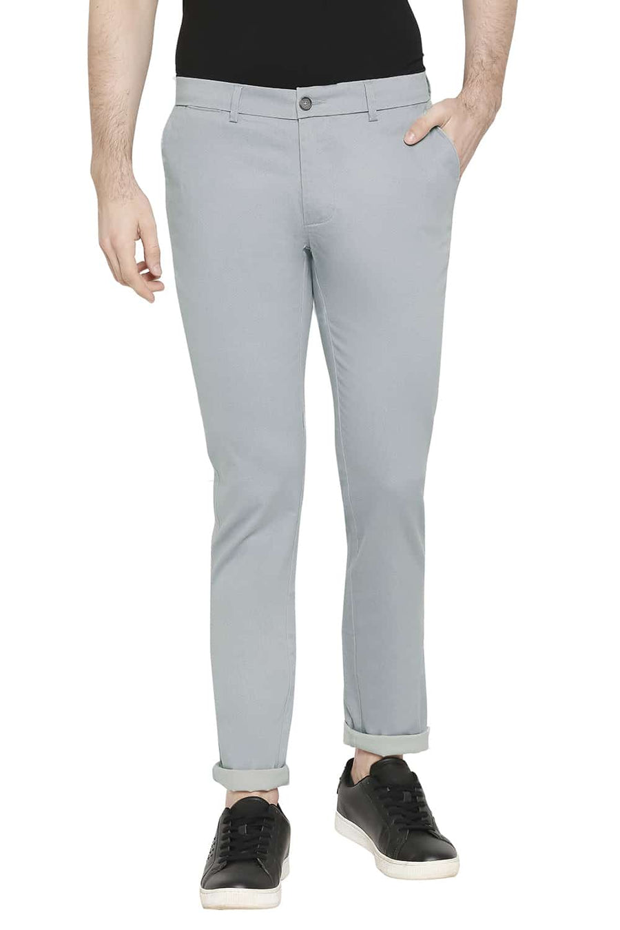 BASICS TAPERED FIT LEAD GREY SATIN STRETCH TROUSERS