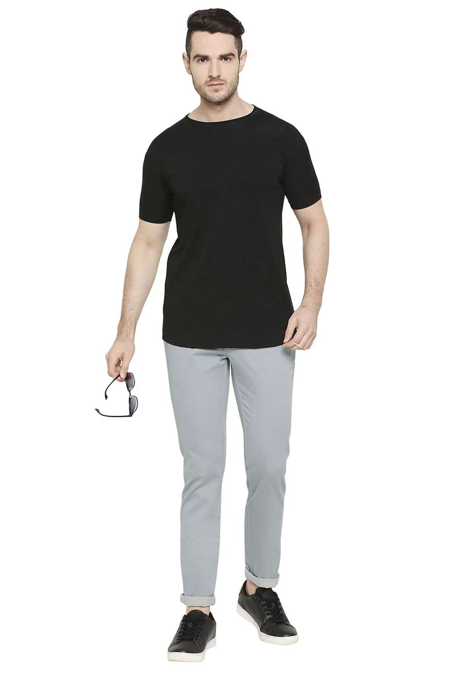 BASICS TAPERED FIT LEAD GREY SATIN STRETCH TROUSERS