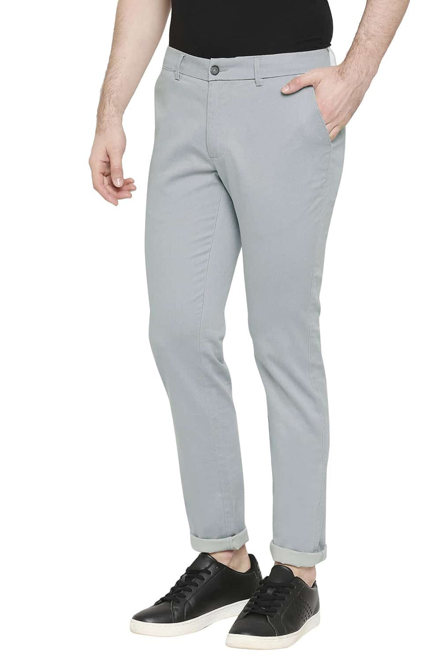 BASICS TAPERED FIT LEAD GREY SATIN STRETCH TROUSERS