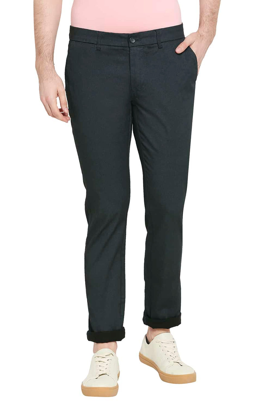 BASICS TAPERED FIT DARK SHADOW GREY SATIN STRETCH TROUSERS