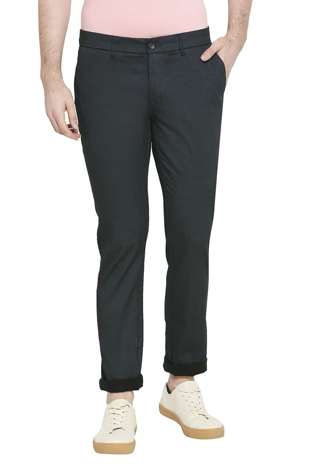 BASICS TAPERED FIT SATIN STRETCH TROUSERS