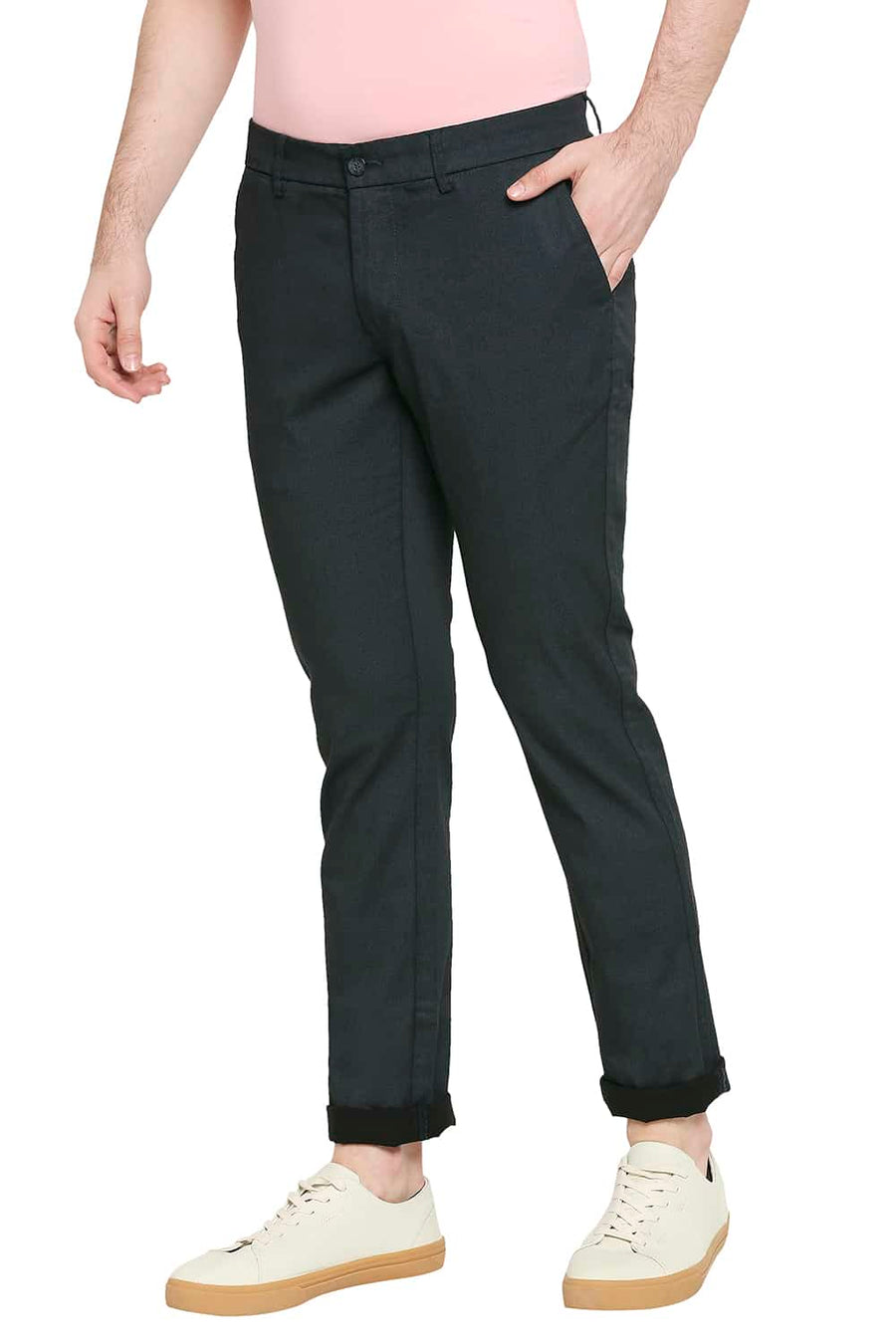 BASICS TAPERED FIT DARK SHADOW GREY SATIN STRETCH TROUSERS