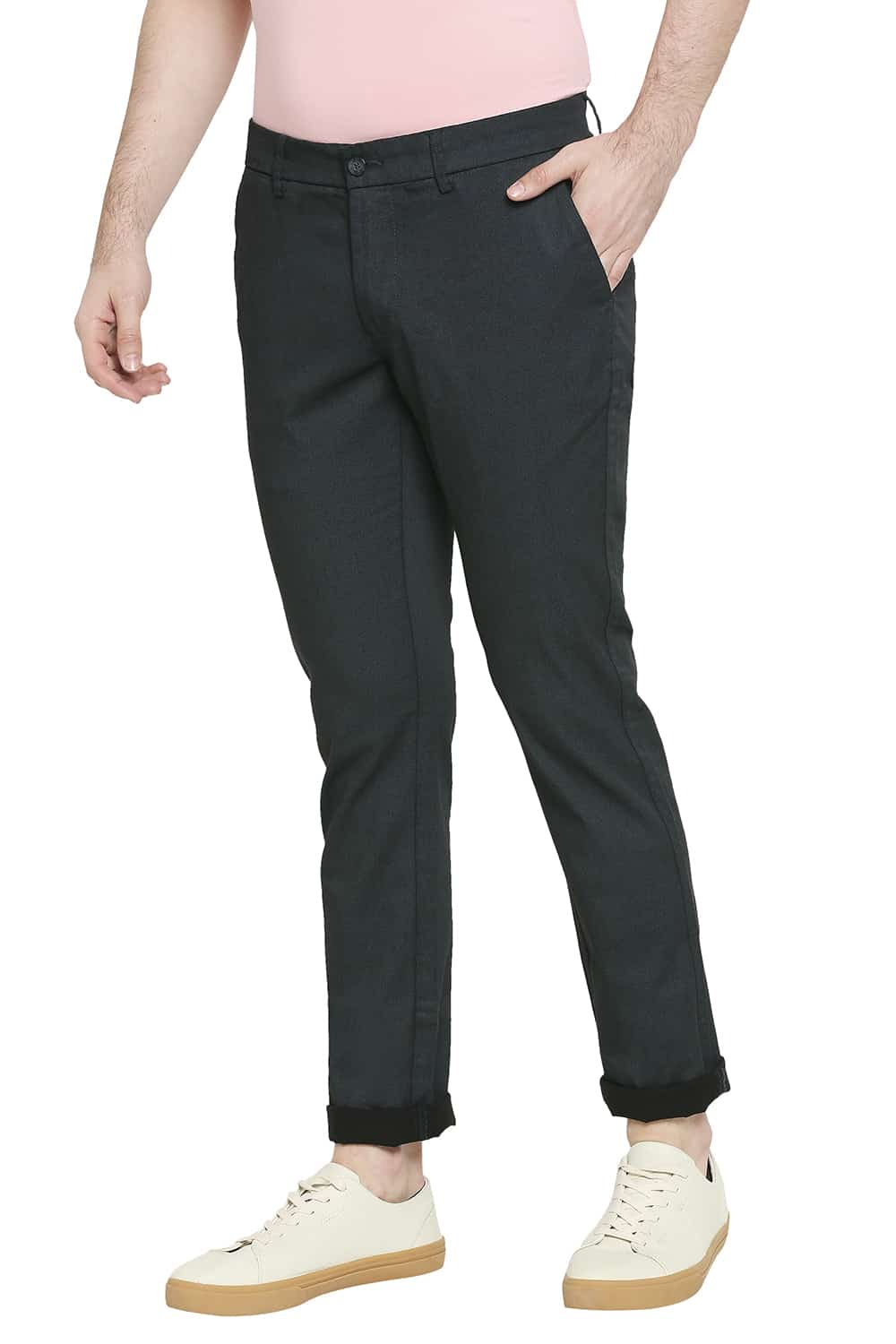 BASICS TAPERED FIT SATIN STRETCH TROUSERS