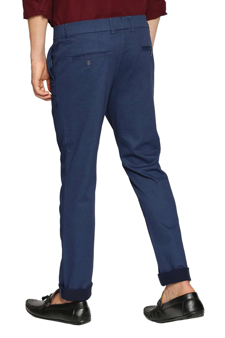 BASICS TAPERED FIT DARK DENIM SATIN STRETCH TROUSERS