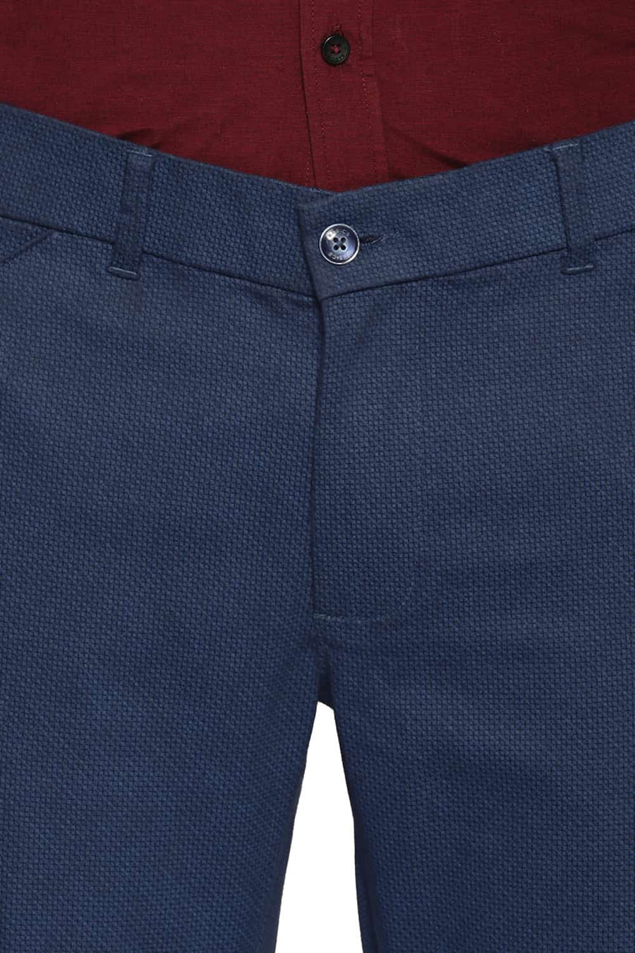 BASICS TAPERED FIT DARK DENIM SATIN STRETCH TROUSERS