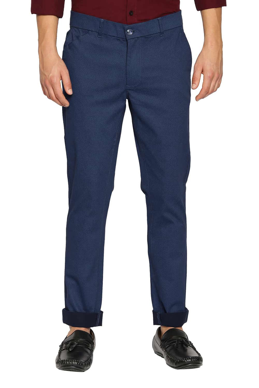 BASICS TAPERED FIT DARK DENIM SATIN STRETCH TROUSERS