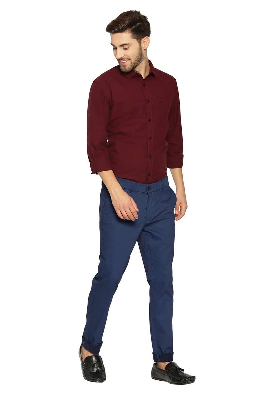 BASICS TAPERED FIT DARK DENIM SATIN STRETCH TROUSERS