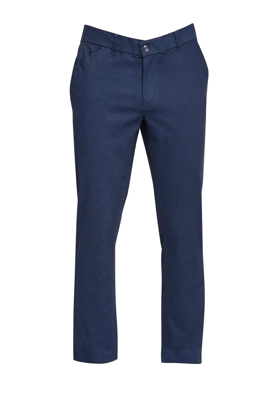 BASICS TAPERED FIT DARK DENIM SATIN STRETCH TROUSERS