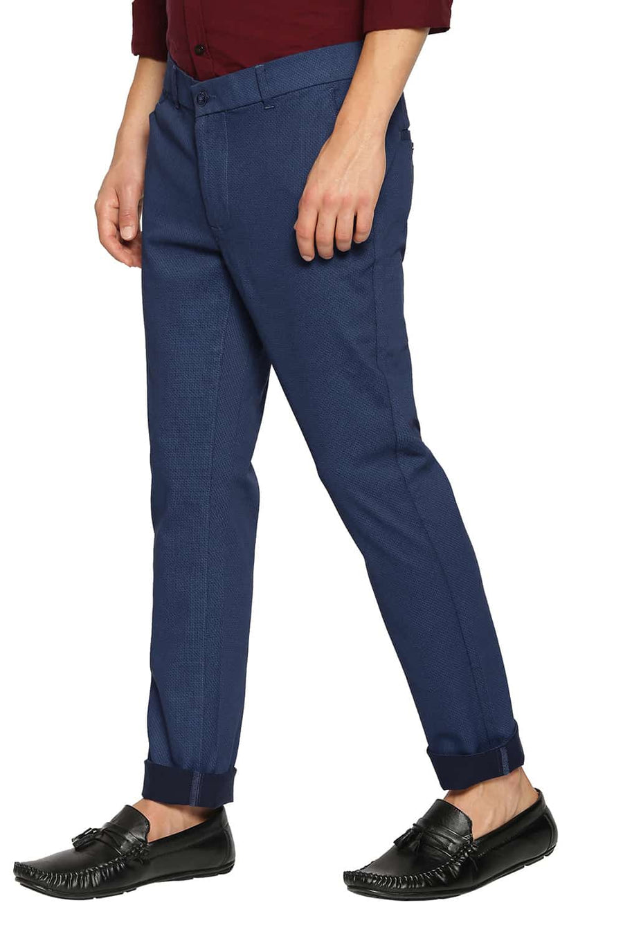 BASICS TAPERED FIT DARK DENIM SATIN STRETCH TROUSERS