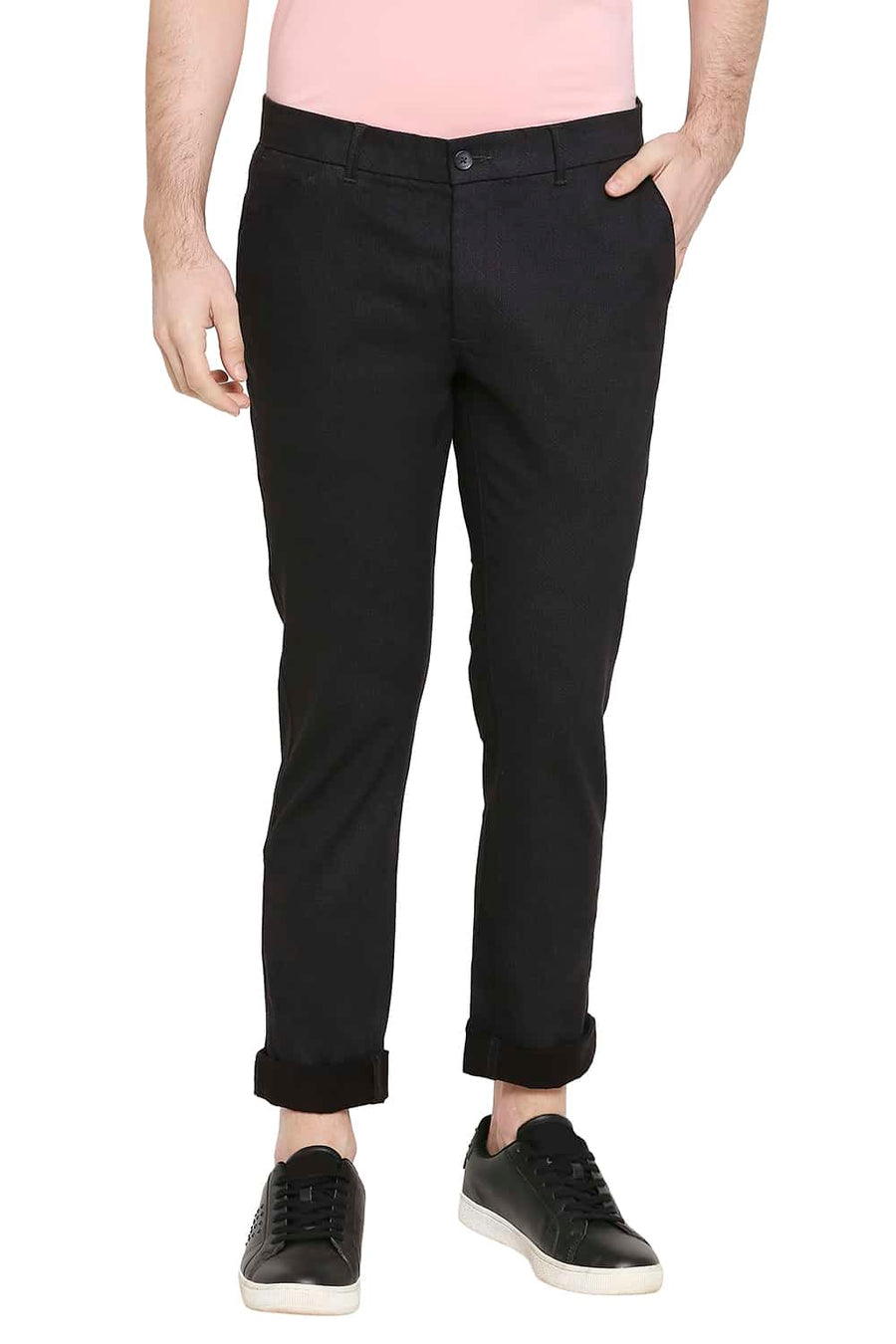 BASICS TAPERED FIT IRON BLACK SATIN STRETCH TROUSERS