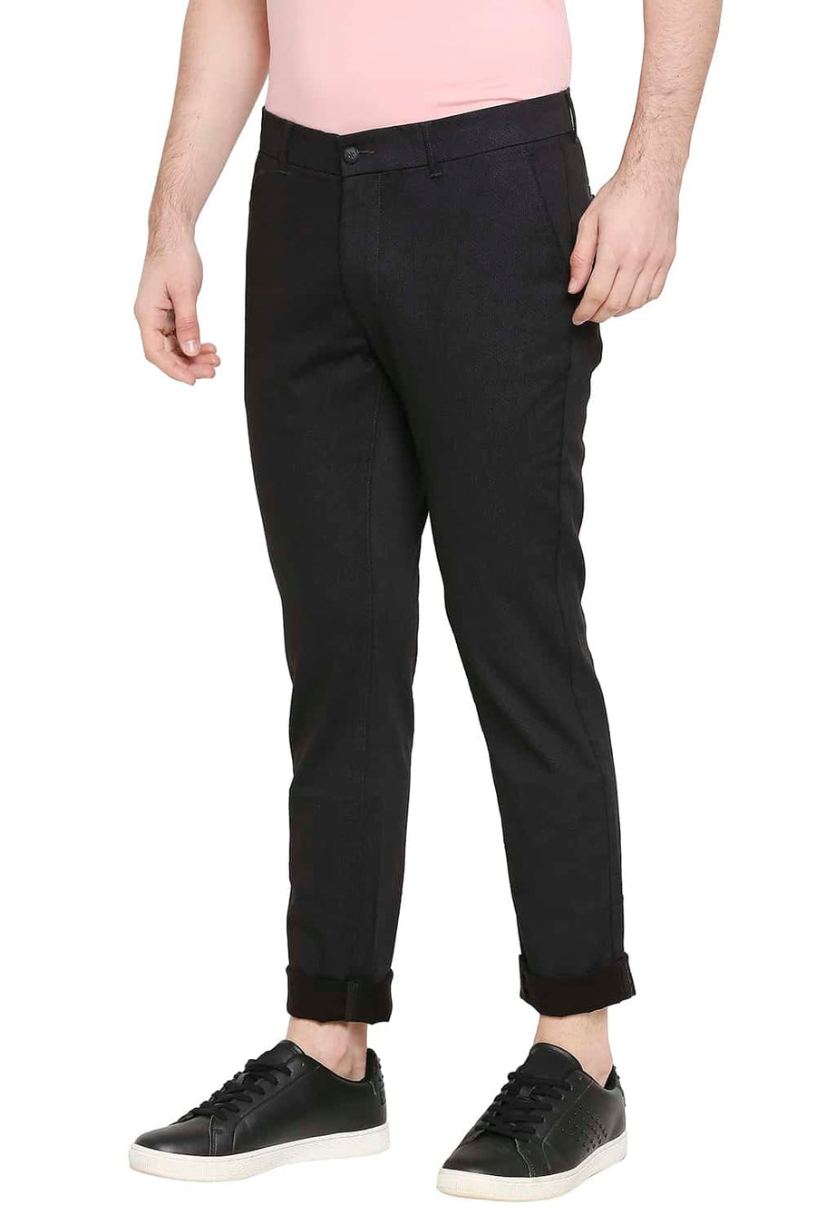 BASICS TAPERED FIT IRON BLACK SATIN STRETCH TROUSERS
