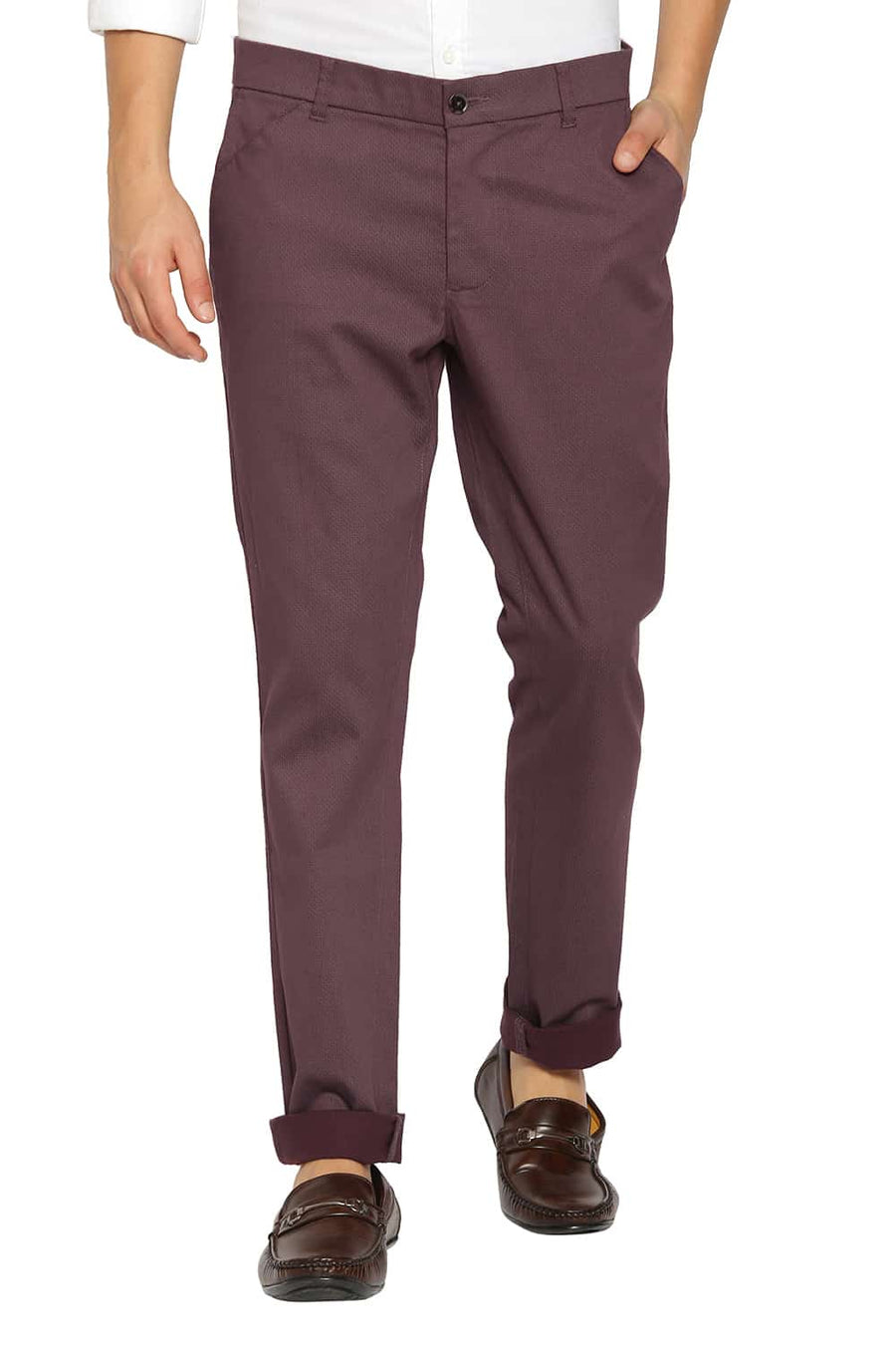 BASICS TAPERED FIT HUCKLEBERRY WINE SATIN STRETCH TROUSERS