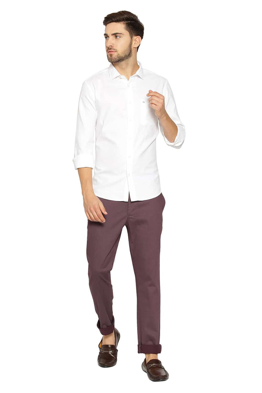 BASICS TAPERED FIT HUCKLEBERRY WINE SATIN STRETCH TROUSERS
