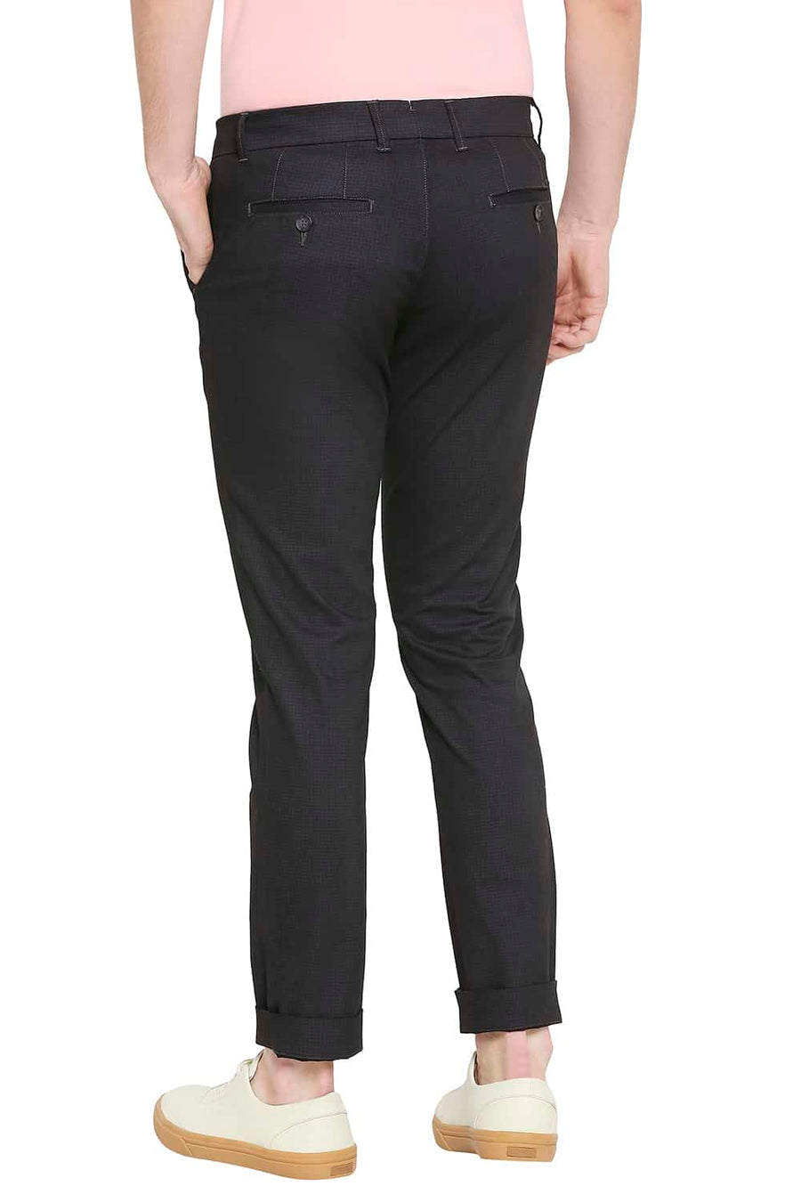 BASICS TAPERED FIT EBONY BLACK SATIN STRETCH TROUSERS