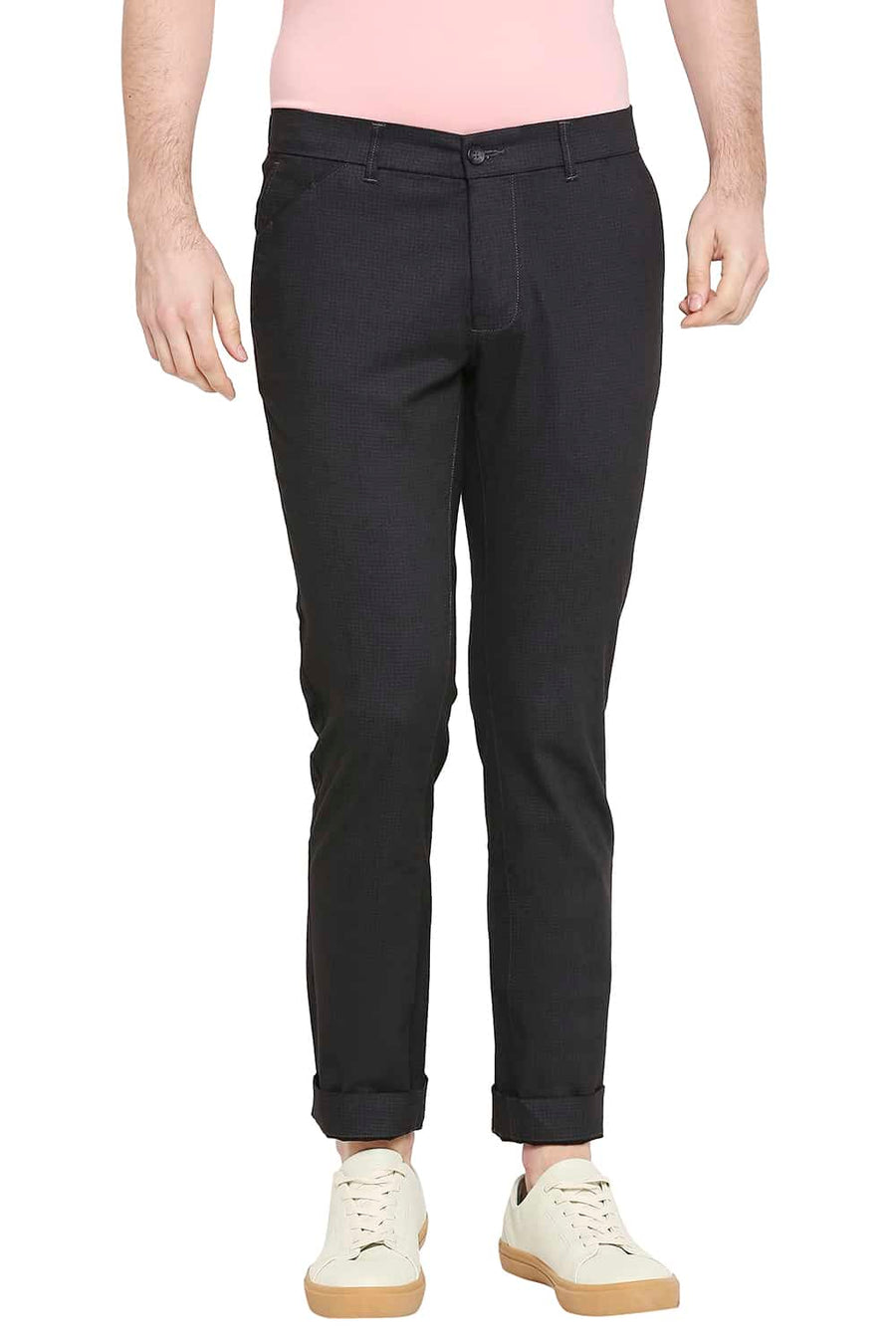 BASICS TAPERED FIT EBONY BLACK SATIN STRETCH TROUSERS