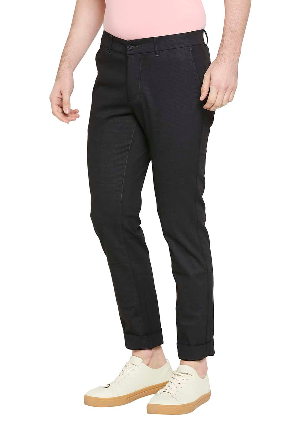 BASICS TAPERED FIT EBONY BLACK SATIN STRETCH TROUSERS