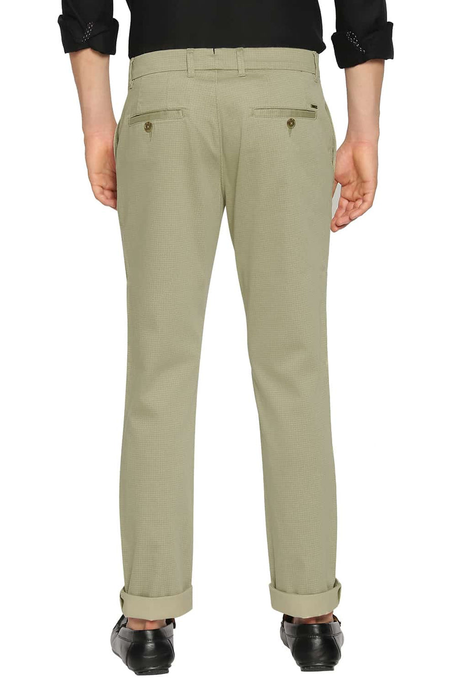 BASICS TAPERED FIT DEEP LICHEN GREEN SATIN STRETCH TROUSERS