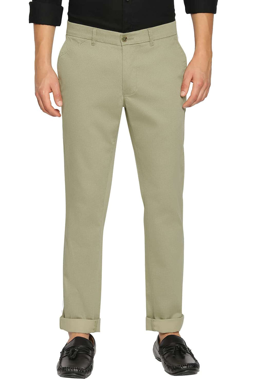 BASICS TAPERED FIT DEEP LICHEN GREEN SATIN STRETCH TROUSERS