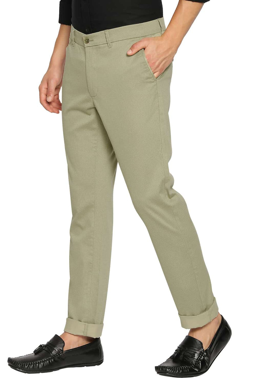 BASICS TAPERED FIT DEEP LICHEN GREEN SATIN STRETCH TROUSERS