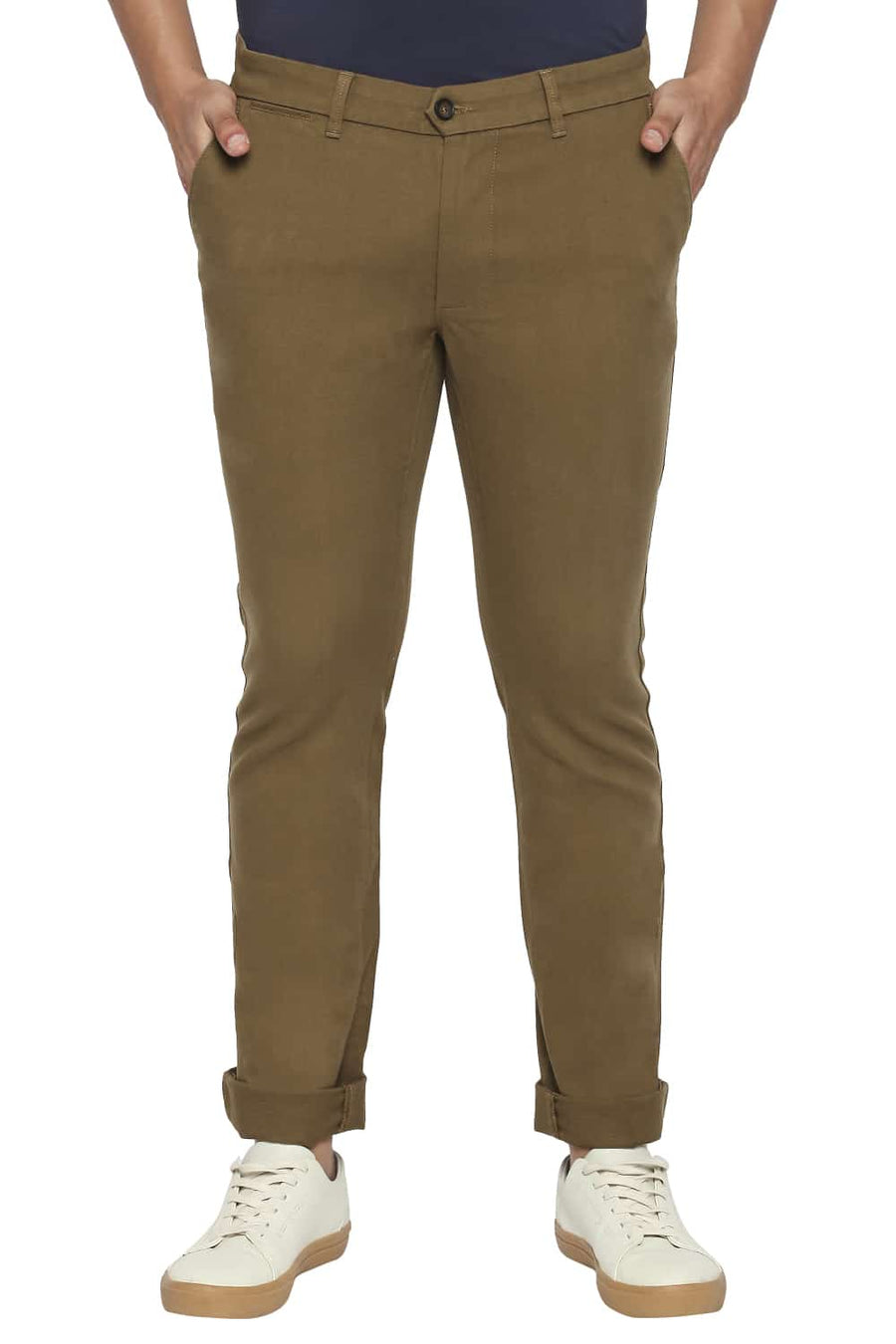 BASICS TAPERED FIT FIR GREEN STRETCH TROUSERS