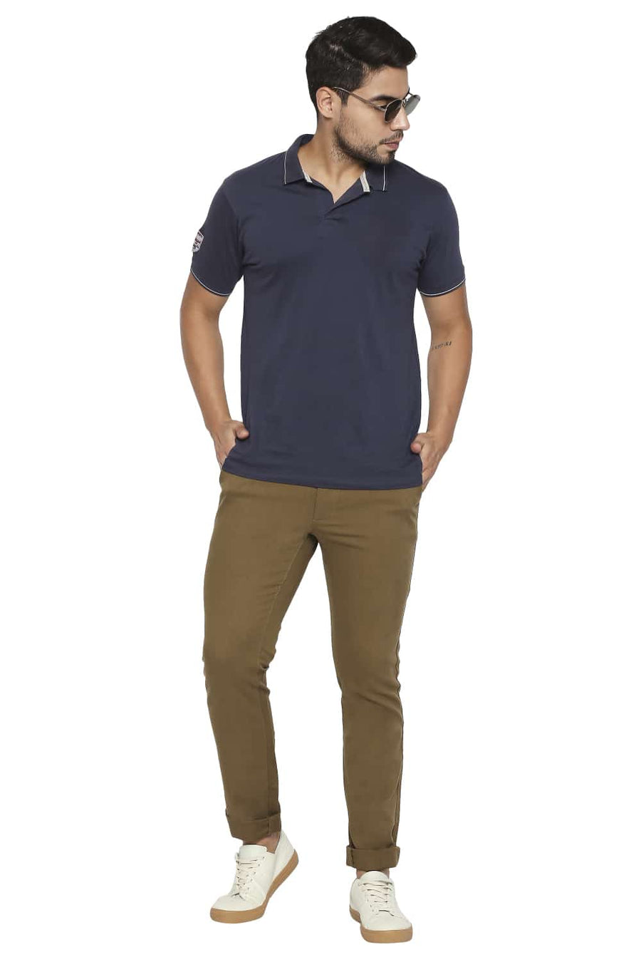 BASICS TAPERED FIT FIR GREEN STRETCH TROUSERS
