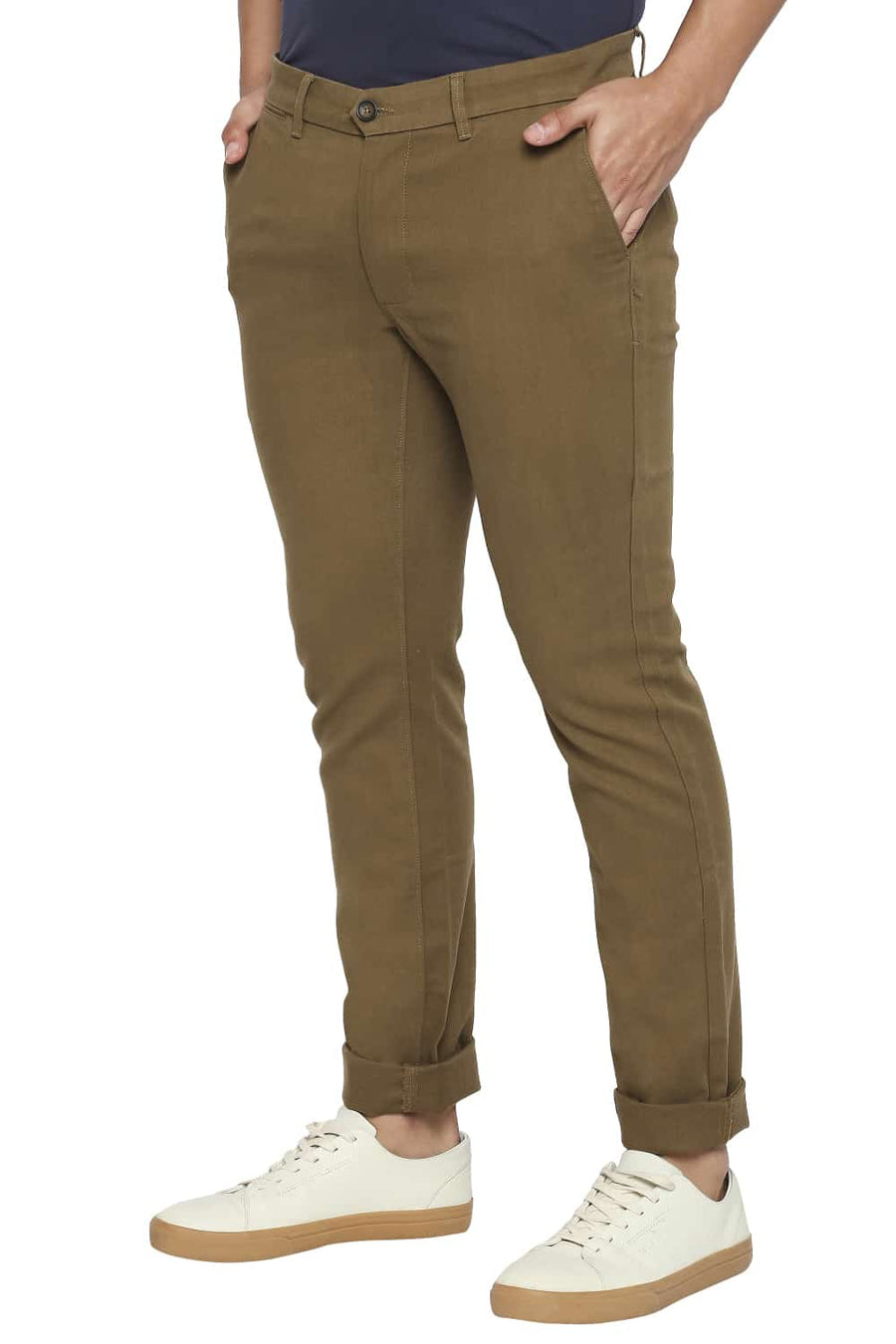 BASICS TAPERED FIT FIR GREEN STRETCH TROUSERS