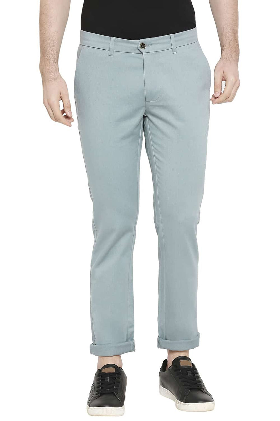 BASICS TAPERED FIT SMOKE BLUE STRETCH TROUSERS