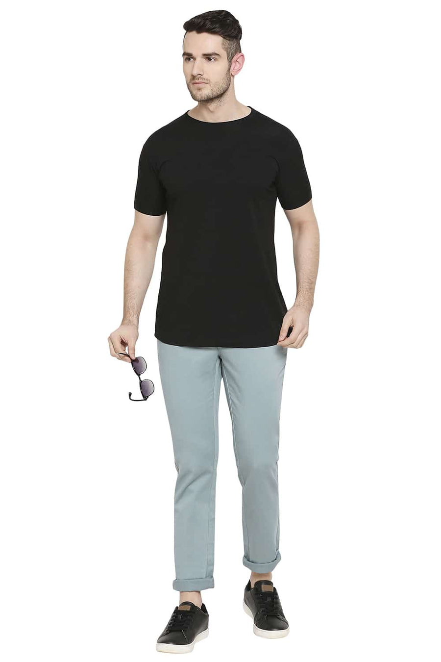 BASICS TAPERED FIT SMOKE BLUE STRETCH TROUSERS