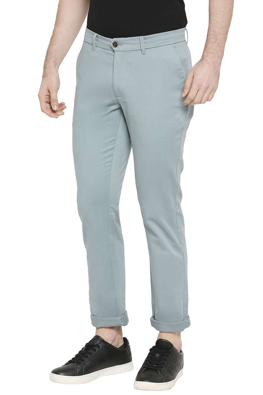 BASICS TAPERED FIT SMOKE BLUE STRETCH TROUSERS