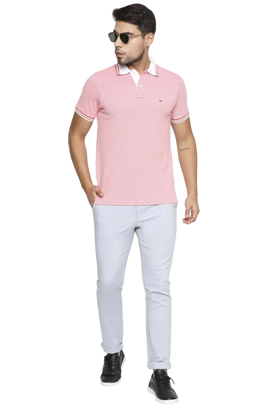 BASICS TAPERED FIT DUSTY BLUE STRETCH TROUSER