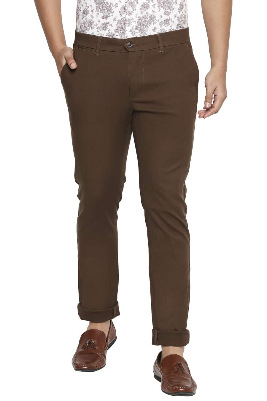 BASICS TAPERED FIT RAIN DRUM BROWN STRETCH TROUSERS