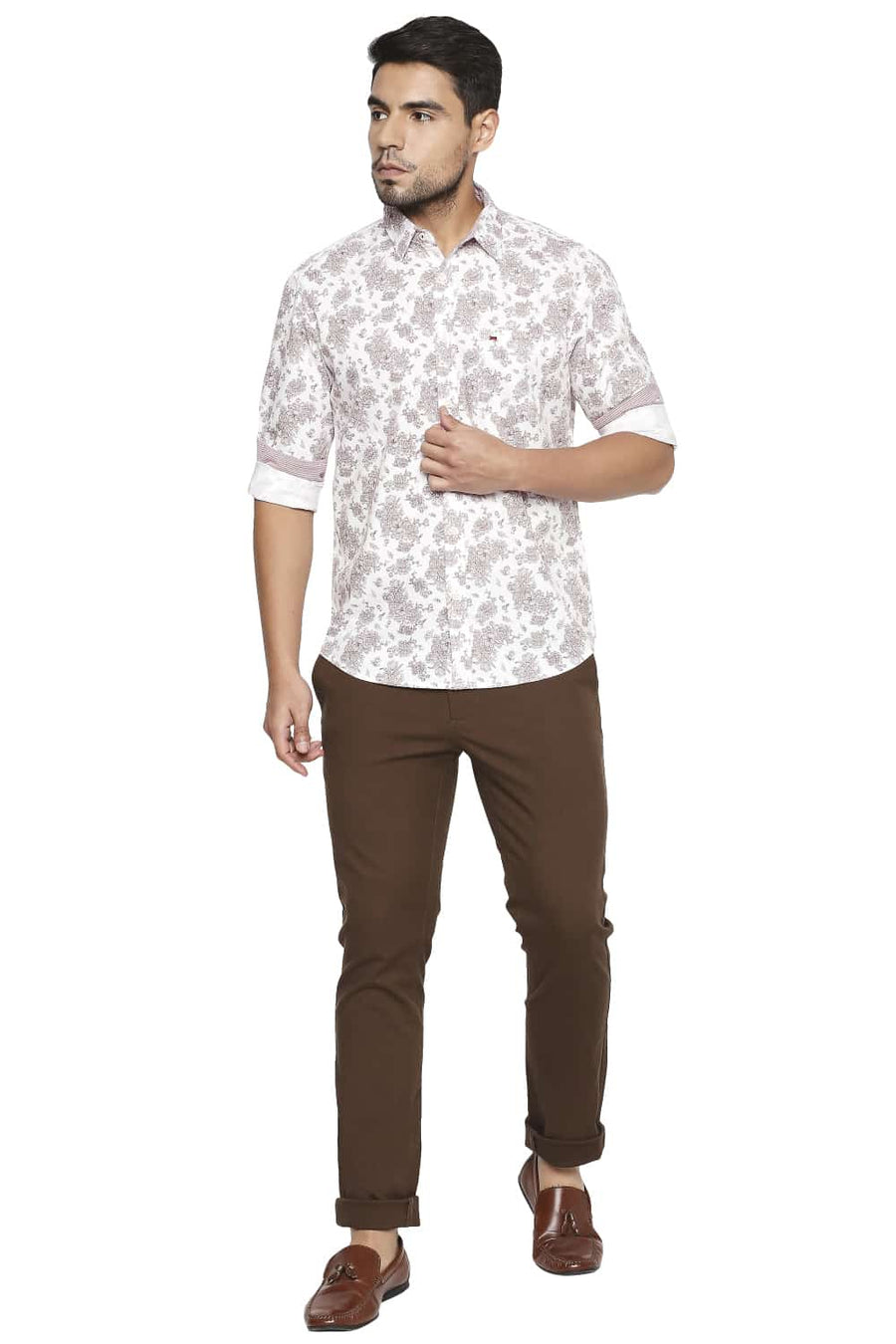 BASICS TAPERED FIT RAIN DRUM BROWN STRETCH TROUSERS