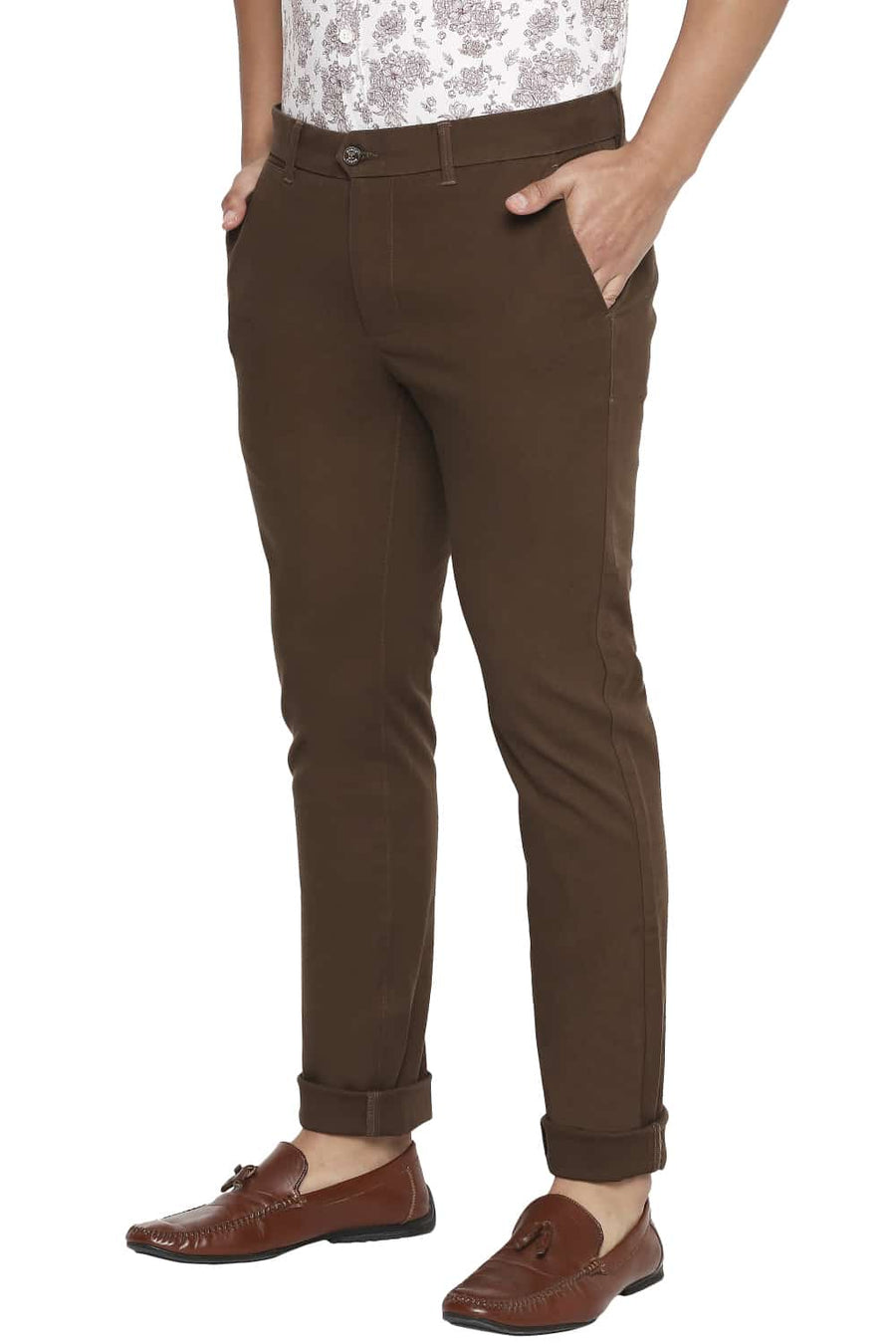 BASICS TAPERED FIT RAIN DRUM BROWN STRETCH TROUSERS