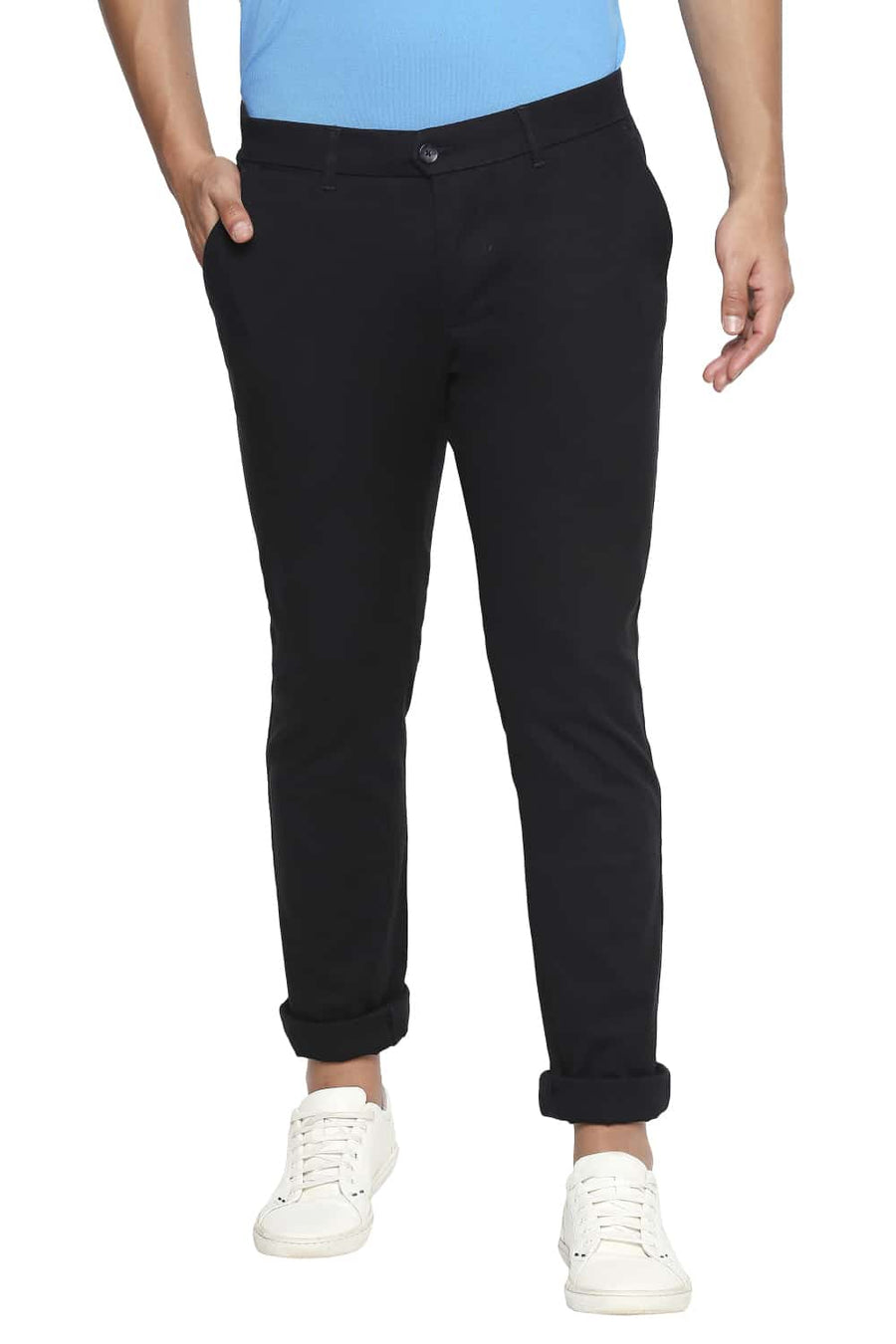 BASICS TAPERED FIT LIMO BLACK STRETCH TROUSERS